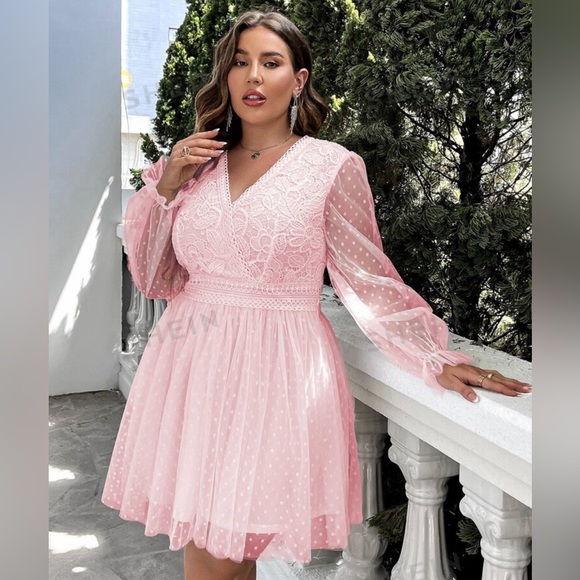 SHEIN Simplee Plus Contrast Lace Bodice Flounce Sleeve Mesh Dress 3X - Picture 3 of 5